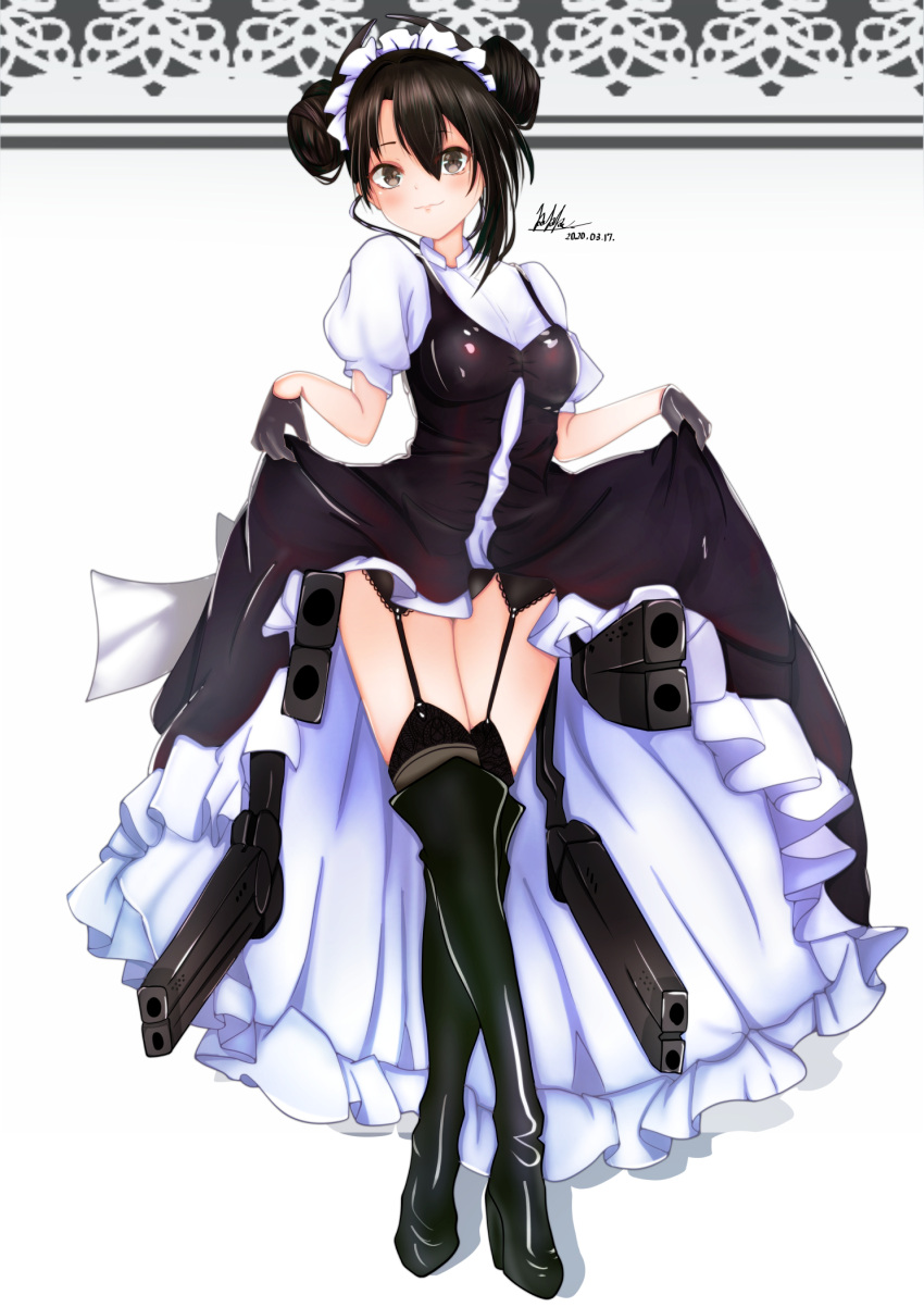 1girl agent_(girls_frontline) agent_(girls_frontline)_(cosplay) alternate_eye_color alternate_hair_color alternate_hairstyle black_gloves black_panties blush boots cosplay dress dress_lift garter_straps girls_frontline gloves hairstyle_connection high_heel_boots high_heels highres lifted_by_self maid maid_headdress p90_(girls_frontline) panties puffy_short_sleeves puffy_sleeves qqfk3wk9k short_sleeves smile thigh-highs thigh_boots underwear weapon
