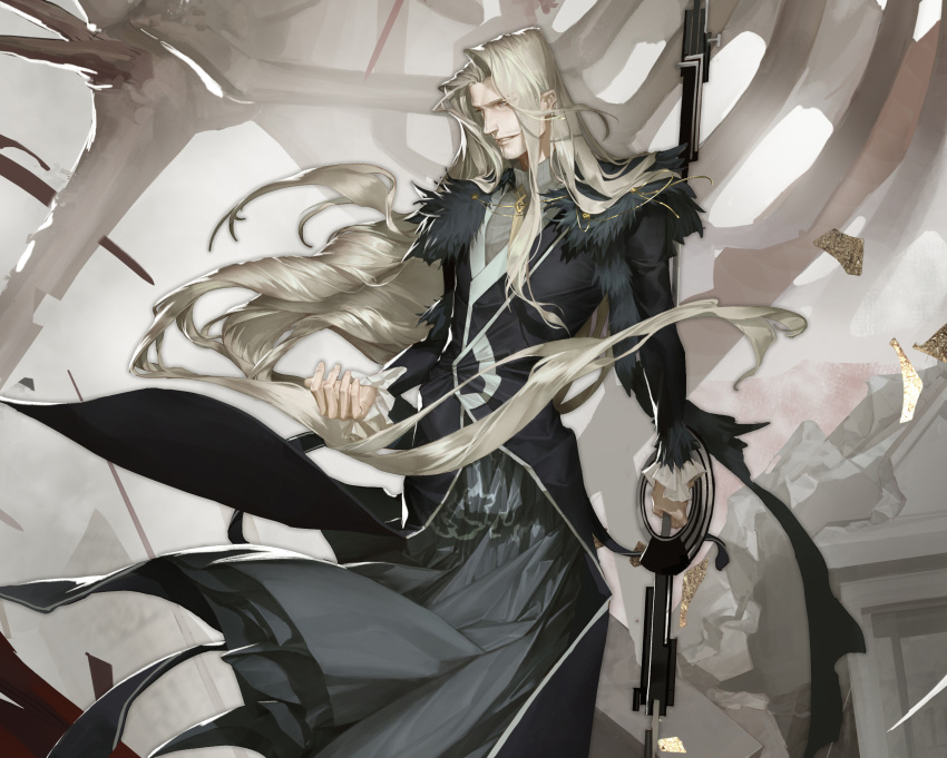 1boy beard blonde_hair blood blood_splatter european_clothes facial_hair fate/apocrypha fate/grand_order fate_(series) gecl4 head_tilt highres holding holding_lance holding_polearm holding_weapon lance long_hair long_sleeves looking_to_the_side male_focus polearm skeleton solo vlad_iii_(fate/apocrypha) weapon