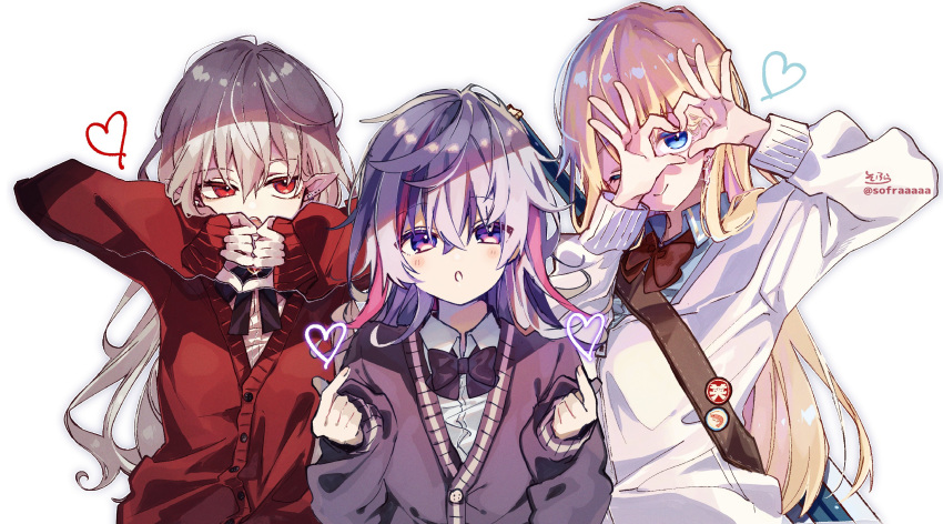 3girls ;) arm_up badge bangs black_bow black_cardigan blonde_hair blue_eyes blue_shirt blush bow breasts brown_bow button_badge cardigan closed_mouth collared_shirt commentary_request cropped_torso double_middle_finger dress_shirt ear_piercing earrings ex_albio eyebrows_visible_through_hair fuwa_minato genderswap genderswap_(mtf) glint grey_background grey_hair hair_between_eyes hand_up hands_up heart heart-shaped_pupils highres hood hood_down hooded_jacket jacket jewelry kuzuha_(nijisanji) long_hair long_sleeves looking_at_viewer medium_breasts middle_finger multicolored_hair multiple_girls nijisanji one_eye_closed parted_lips piercing pink_hair pointy_ears puffy_long_sleeves puffy_sleeves purple_hair red_cardigan red_eyes shirt signature simple_background sleeves_past_wrists smile sofra streaked_hair sword sword_behind_back symbol-shaped_pupils twitter_username upper_body very_long_hair violet_eyes virtual_youtuber weapon white_background white_jacket white_shirt