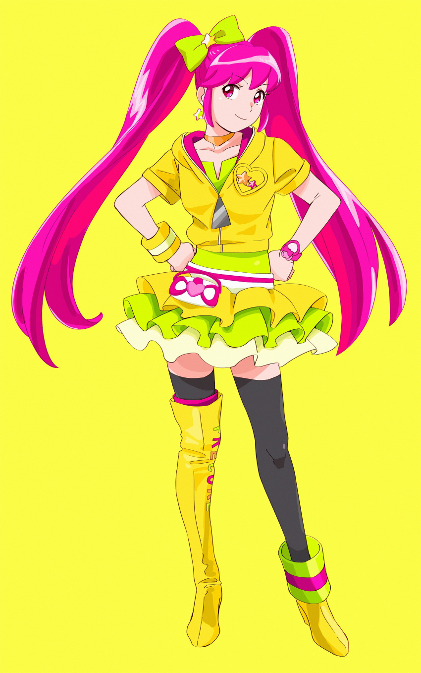 1girl absurdres aino_megumi alternate_form asymmetrical_footwear black_legwear boots bow collarbone cure_lovely earrings full_body green_bow hair_bow hands_on_hips happinesscharge_precure! highres hood hood_down hooded_jacket jacket jewelry lollipop_hip_hop long_hair looking_at_viewer magical_girl mismatched_footwear ojipon pink_eyes pink_hair precure short_sleeves simple_background single_boot single_thigh_boot skirt smile solo star_(symbol) star_earrings thigh-highs twintails yellow_background yellow_footwear yellow_jacket yellow_skirt