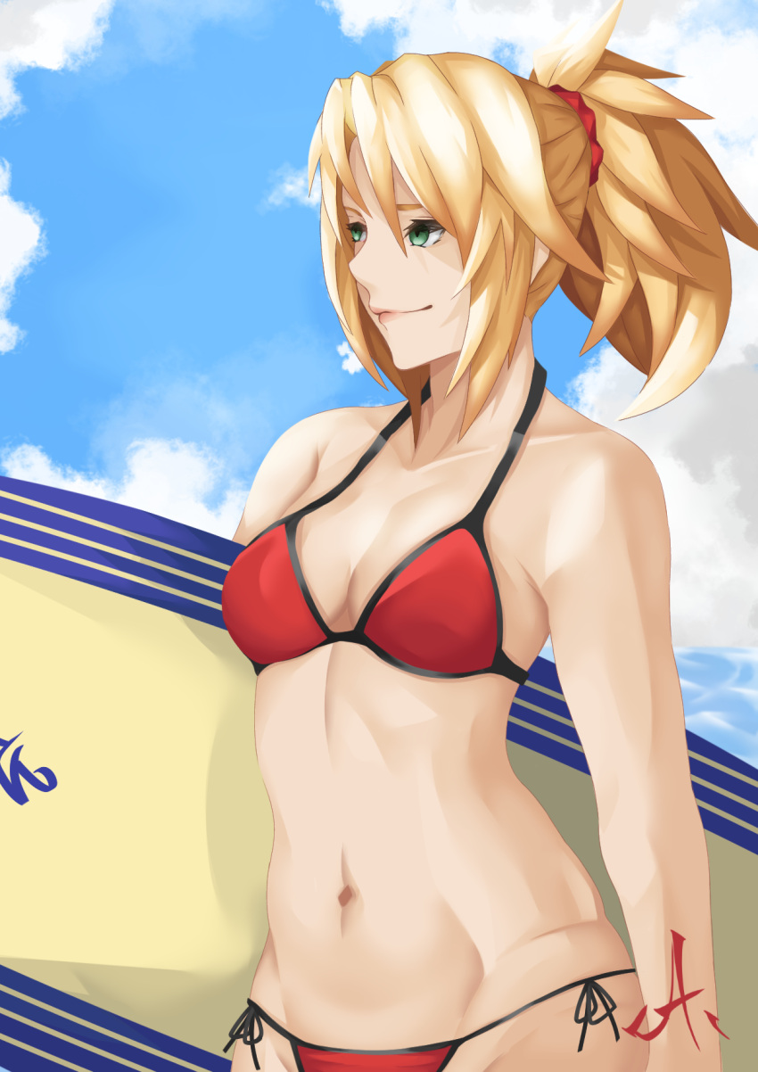 anime_coloring azmoreuz beach bikini blonde_hair clouds cloudy_sky fate/apocrypha fate/grand_order fate_(series) green_eyes highres mordred mordred_(fate)_(all) mordred_(swimsuit_rider)_(fate) ocean outdoors sky surfboard surfing swimsuit
