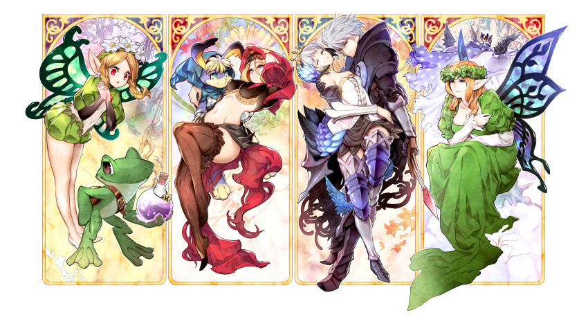 2boys 4girls armor armored_dress art_nouveau bare_legs bare_shoulders black_armor black_footwear black_skirt blonde_hair blue_eyes blue_wings boots braid brown_eyes brown_legwear butterfly_wings closed_eyes cornelius_(odin_sphere) crown dress elfaria_(odin_sphere) flower frog full_armor full_body furry greaves green_dress green_flower green_rose green_wings grey_hair gwendolyn_(odin_sphere) hair_flower hair_ornament highres holding holding_sword holding_weapon ingway_(odin_sphere) looking_at_another looking_at_viewer mercedes_(odin_sphere) messy_hair midriff multiple_boys multiple_girls navel odin_(odin_sphere) odin_sphere oswald_(odin_sphere) pointy_ears red_eyes red_skirt rose round-bottom_flask shoes short_hair skirt sword thigh-highs thigh_boots tomoyuki_hino twin_braids velvet_(odin_sphere) weapon white_footwear wings