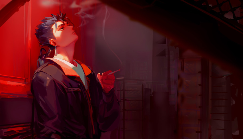 1boy alternate_costume beads blue_hair cigarette contemporary cu_chulainn_(fate)_(all) earrings fate/stay_night fate_(series) hair_beads hair_ornament highres holding holding_cigarette jacket jewelry lancer long_hair looking_up male_focus ponytail red_eyes smoke smoking solo spiky_hair taro-k type-moon
