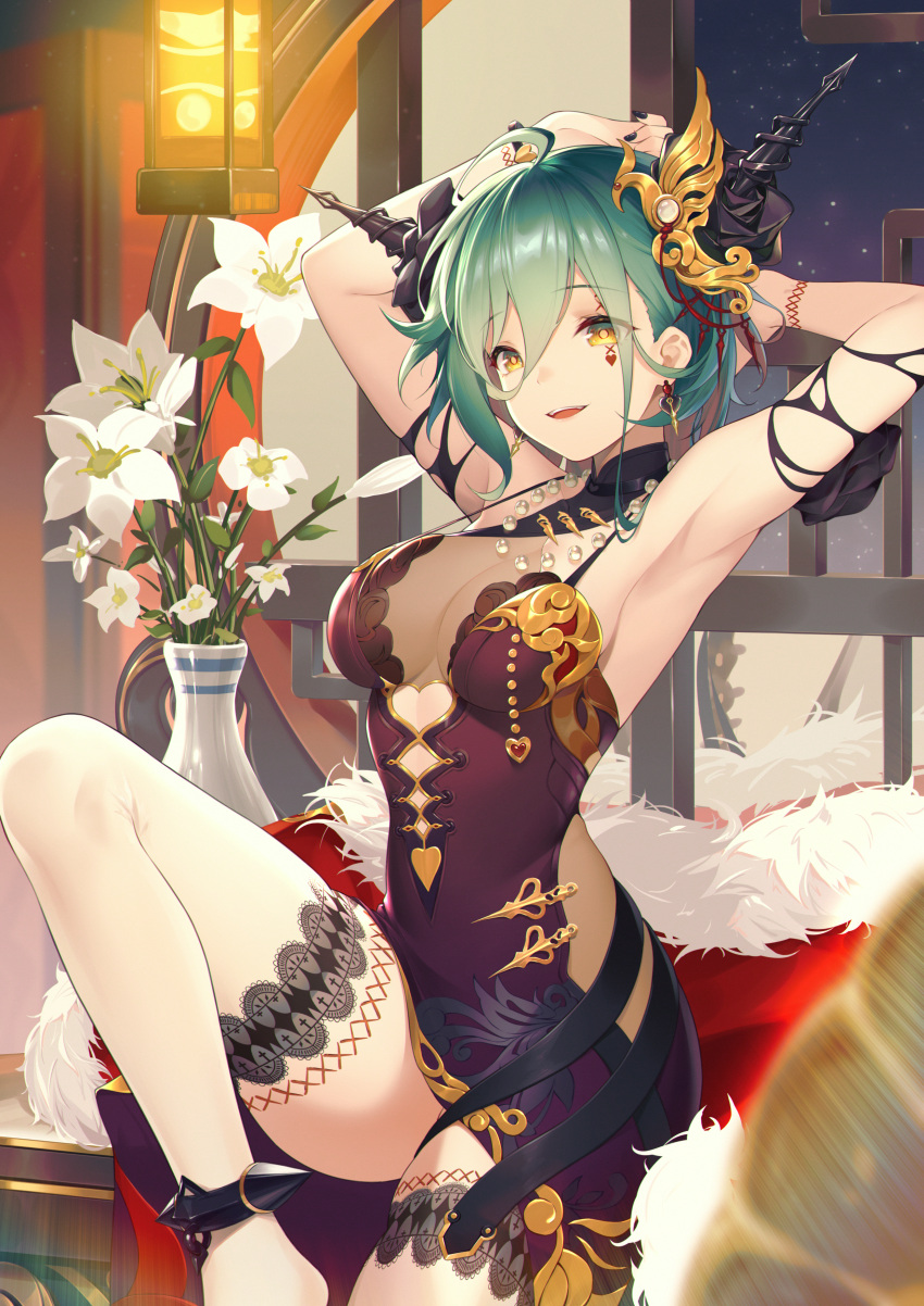 1girl :d absurdres ahoge armpits arms_up bangs bare_shoulders character_request earrings eyebrows_visible_through_hair flower green_hair highres jewelry jiusan_naitan masterwork_apocalypse open_mouth short_hair smile solo thighs vase white_flower yellow_eyes