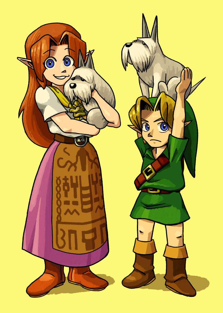 1boy 1girl absurdres animal arms_up belt blonde_hair blue_eyes boots brown_footwear brown_hair cremia dog green_headwear green_tunic hat highres holding holding_animal holding_dog link long_hair long_skirt parted_lips pointy_ears purple_skirt shadow shirt shirt_tucked_in short_sleeves simple_background skirt smile standing the_legend_of_zelda the_legend_of_zelda:_majora's_mask toonyrab tunic white_shirt yellow_background