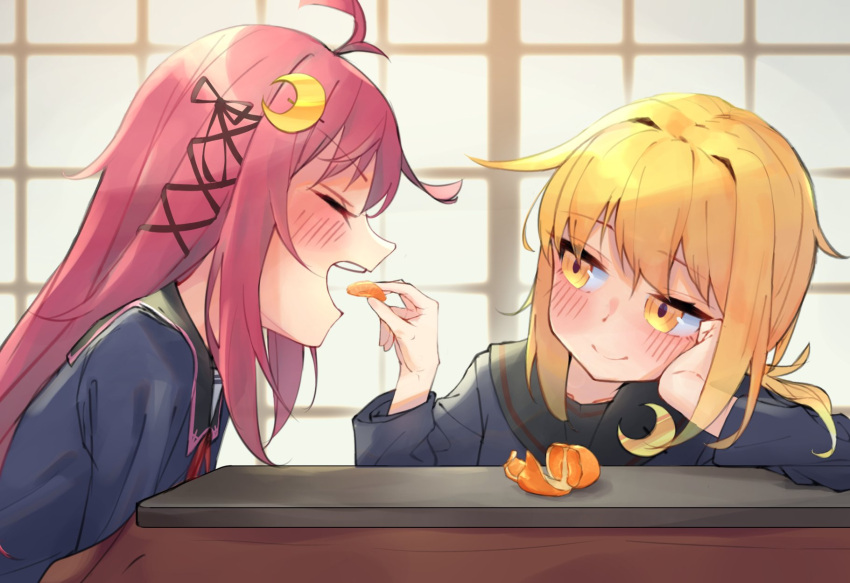 2girls ahoge black_sailor_collar black_serafuku blonde_hair blue_shirt commentary_request commission crescent crescent_moon_pin feeding food fruit hair_ribbon hand_on_own_face highres kantai_collection kotatsu long_hair low_twintails makkusu_(max_101010) mandarin_orange multiple_girls pink_hair ribbon sailor_collar satsuki_(kantai_collection) school_uniform serafuku shirt skeb_commission table twintails upper_body uzuki_(kantai_collection) yellow_eyes