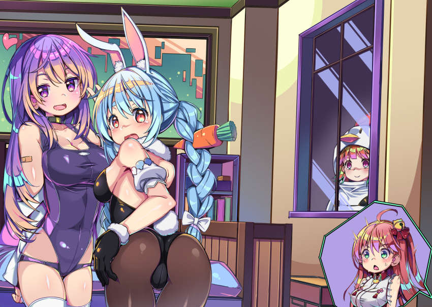 4girls ahoge animal_ears arm_strap bandaid bandaid_on_arm bangs bare_shoulders bed bell black_gloves black_legwear black_leotard blue_hair blush braid breasts carrot_hair_ornament chai_mao chicken_costume chinese_commentary commentary_request eyebrows_visible_through_hair food_themed_hair_ornament gloves green_eyes hair_bell hair_between_eyes hair_ornament highres hololive indoors japanese_clothes leotard long_hair looking_at_another looking_at_viewer medium_breasts miko moona_hoshinova multiple_girls open_mouth orange_hair pantyhose pink_hair purple_hair rabbit_ears rabbit_girl red_eyes sakura_miko side_ponytail sidelocks swimsuit swimwear takanashi_kiara twin_braids usada_pekora violet_eyes virtual_youtuber white_legwear