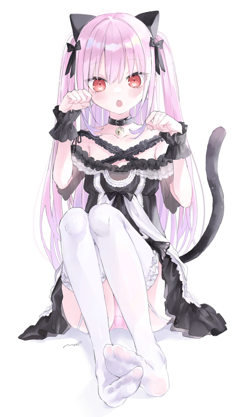 1girl :o absurdres animal_collar animal_ears bangs bare_shoulders bell black_dress cat_ears cat_girl collar collarbone dress fang flat_chest frilled_dress frilled_legwear frilled_straps frills full_body garter_straps gothic_lolita hair_ribbon highres hololive jingle_bell lolita_fashion long_hair looking_at_viewer neck_bell no_shoes off-shoulder_dress off_shoulder open_mouth panties pantyshot paw_pose pink_hair raised_eyebrows red_eyes ribbon see-through_sleeves short_dress short_sleeves si10ra simple_background sitting soles solo thigh-highs two_side_up underwear uruha_rushia virtual_youtuber white_background white_legwear wristband