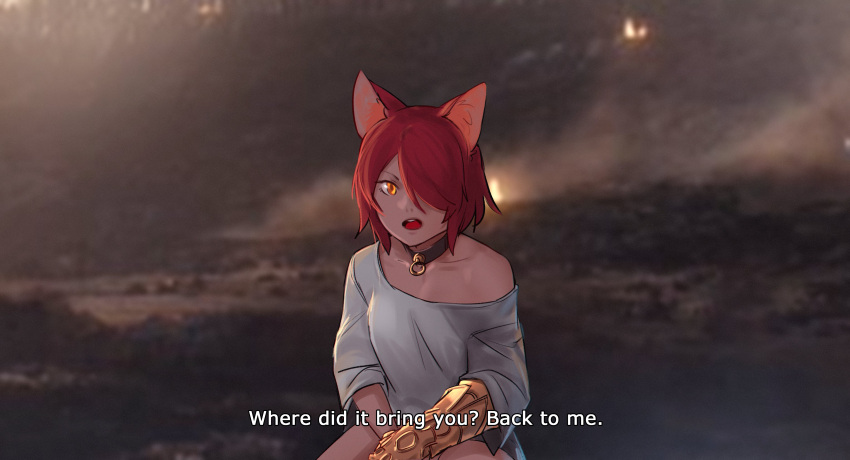 1girl absurdres animal_ear_fluff animal_ears avengers:_endgame cat_ears cat_girl collar collarbone commentary english_commentary english_text gauntlets grey_shirt highres infinity_gauntlet less looking_at_viewer off_shoulder open_mouth orange_eyes original redhead shirt short_hair solo source_quote subtitled