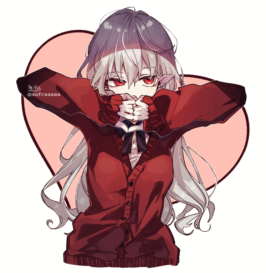 1girl absurdres bangs black_bow bow cardigan commentary_request cropped_torso ear_piercing eyebrows_visible_through_hair genderswap genderswap_(mtf) grey_hair hair_between_eyes hands_up heart highres kuzuha_(nijisanji) long_hair long_sleeves nijisanji piercing pointy_ears red_cardigan red_eyes shirt signature sleeves_past_wrists sofra solo twitter_username upper_body very_long_hair virtual_youtuber white_background white_shirt