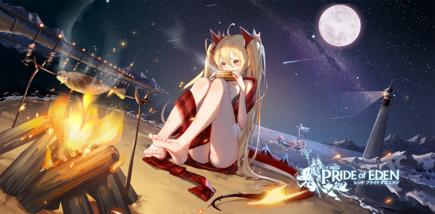 bare_legs barefoot bikini black_bikini blonde_hair butt_crack campfire character_request clouble dragon_tail eating feet full_body highres lighthouse long_hair long_scarf moon night official_art red:_pride_of_eden redhead scarf soles swimsuit swimwear tail toes twintails very_long_hair water