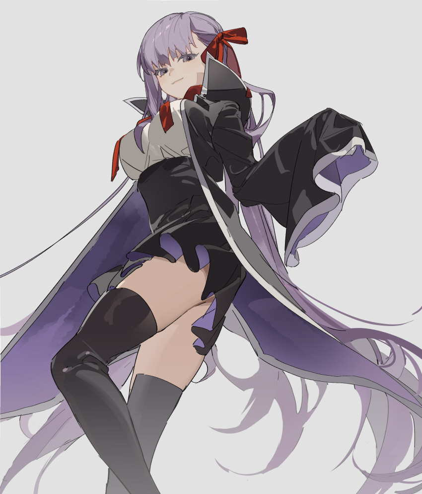 1girl absurdres bangs bb_(fate)_(all) bb_(fate/extra_ccc) black_coat black_legwear black_skirt breasts character_request closed_mouth coat collar fate/extra fate/extra_ccc fate_(series) from_below from_side grey_background hair_ribbon highres long_hair long_sleeves looking_at_viewer open_clothes purple_hair red_ribbon ribbon simple_background skirt sleeves_past_fingers sleeves_past_wrists smile solo standing thigh-highs very_long_hair violet_eyes wide_sleeves zettai_ryouiki zhibuji_loom