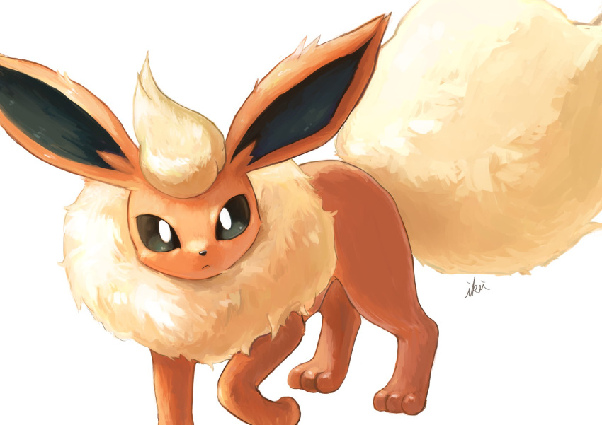 black_eyes bright_pupils closed_mouth flareon gen_1_pokemon highres ikei looking_at_viewer no_humans paws pokemon pokemon_(creature) signature solo standing symbol_commentary toes white_background