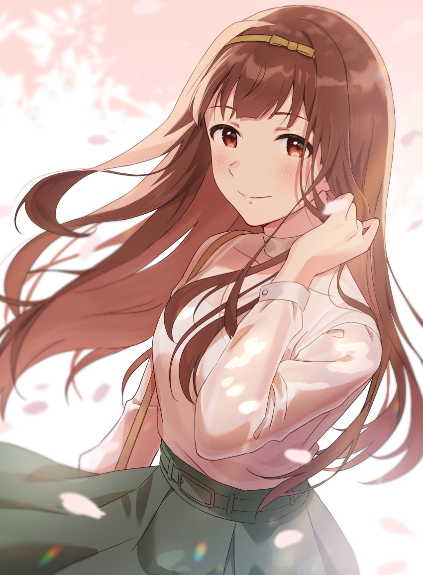 1girl bangs blush breasts brown_eyes brown_hair cherry_blossoms emu_(emum) eyebrows_visible_through_hair floating_hair hair_ornament hairband hand_up highres idolmaster idolmaster_million_live! lens_flare long_hair looking_at_viewer medium_breasts skirt solo tanaka_kotoha