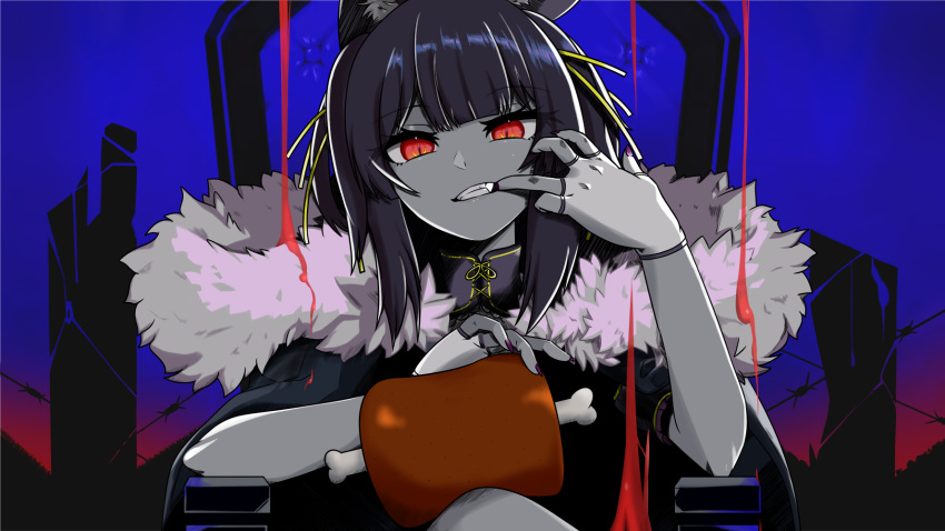 .live 1girl animal_ears blue_background chair coat commentary_request crown fingerless_gloves food gloves glowing glowing_eyes highres king_(vocaloid) long_hair looking_at_viewer meat red_eyes rurun_rururica simple_background sitting solo tenpaiya virtual_youtuber wolf_ears
