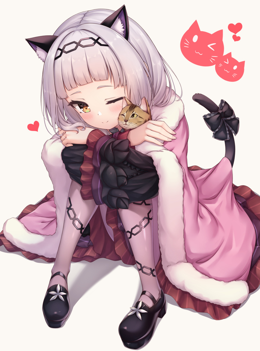 1girl absurdres animal_ear_fluff animal_ears arata_(xin) bangs blush cat cat_ears cat_tail closed_mouth hair_bun hair_ornament highres hololive knees_up legs_together long_hair long_sleeves looking_at_viewer murasaki_shion one_eye_closed ribbon sidelocks silver_hair simple_background sitting skirt smile solo tail tail_ornament tail_ribbon virtual_youtuber white_background yellow_eyes