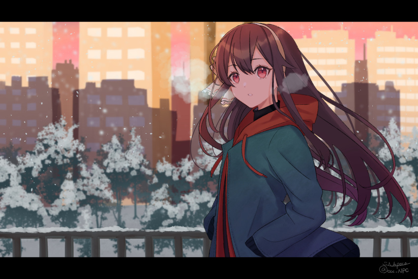 .live 1girl brown_hair building_block bush commentary_request fence headband heavy_breathing highres long_hair looking_at_viewer red_eyes sena_(illust-cat-love) shadow snowing solo twitter_username virtual_youtuber winter winter_clothes yaezawa_natori