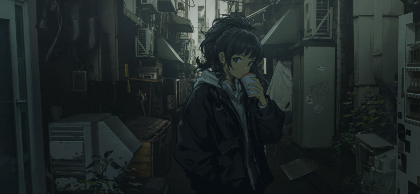 1girl alley black_hair cup dark hand_up highres holding holding_cup hood hood_down hoodie original plant ponytail solo upper_body wang-xi