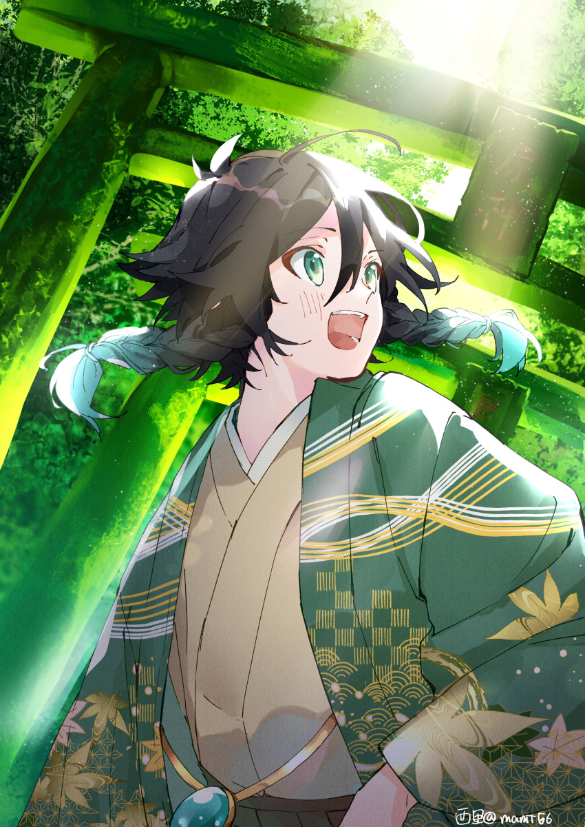 1boy :d absurdres ahoge alternate_costume aqua_hair bangs black_hair braid commentary_request excited genshin_impact gradient_hair green_eyes haori highres japanese_clothes kimono layered_clothing leaf_print looking_to_the_side male_focus mamt56 multicolored_hair open_mouth outdoors patterned_clothing short_hair smile solo sunlight teeth torii tree twin_braids upper_body venti_(genshin_impact) vision_(genshin_impact) yukata