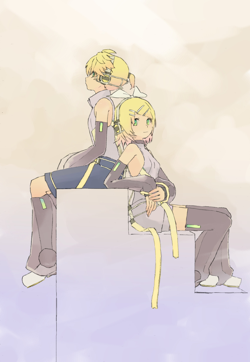 1boy 1girl absurdres bangs bare_shoulders belt black_shorts black_sleeves blonde_hair bow breasts commentary d_futagosaikyou detached_sleeves from_side full_body green_eyes hair_bow hair_ornament hairclip highres kagamine_len kagamine_len_(append) kagamine_rin kagamine_rin_(append) leg_warmers light_smile looking_to_the_side shirt short_hair short_ponytail shorts sideways_glance sitting sleeveless sleeveless_shirt small_breasts spiky_hair stairs swept_bangs vocaloid vocaloid_(tda-type_ver) vocaloid_append white_bow white_shirt