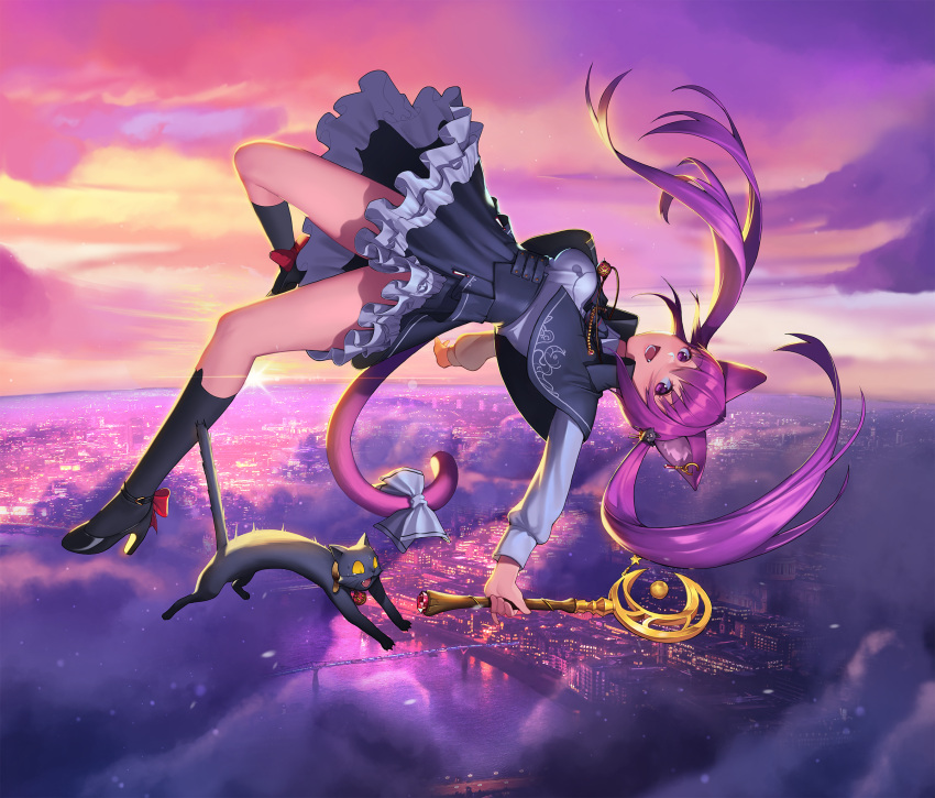 1girl animal_ears ankle_bow bangs black_cat black_legwear black_skirt bow capelet cat cat_ears cat_tail city clouds dusk falling floating_hair frills full_body gem hair_ornament high_heels highres holding iws2525 long_hair magical_girl open_mouth original purple_hair purple_sky red_bow scenery shirt shoes skirt socks sun tail thighs twintails violet_eyes wand white_bow white_shirt