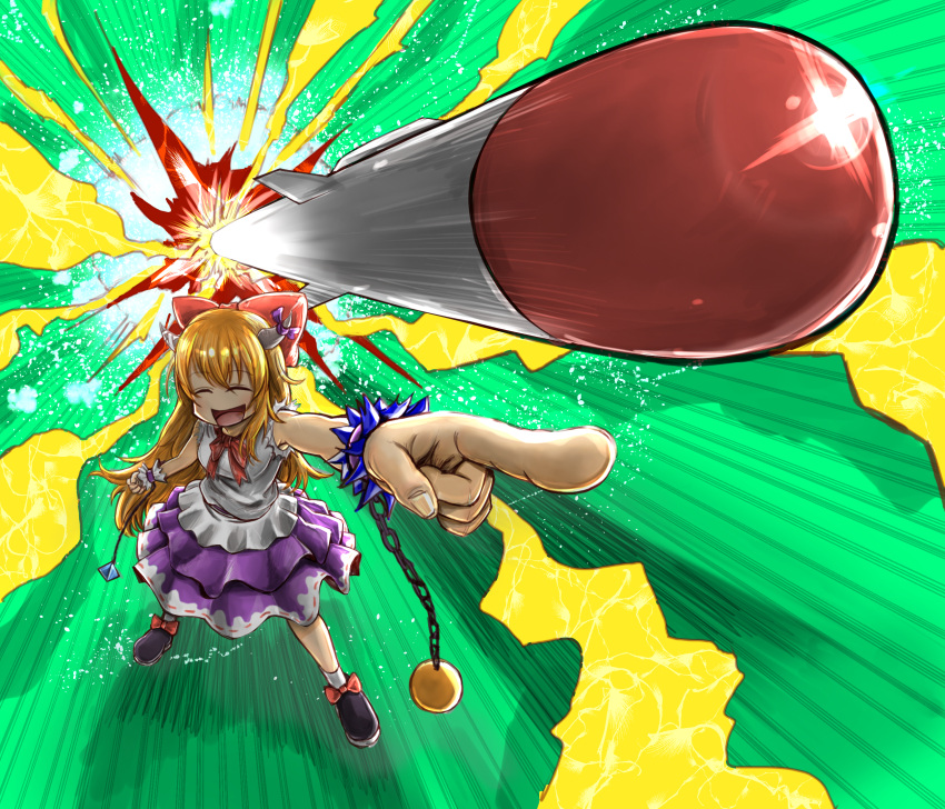 1girl bangs black_footwear bow chain clenched_hand closed_eyes commentary_request cookie_(touhou) eyebrows_visible_through_hair facing_viewer full_body green_background hair_bow highres horn_bow horn_ornament horn_ribbon horns ibuki_suika korean_commentary long_hair missile neckerchief nicoseiga29968555 oni open_mouth orange_hair pointing purple_bow purple_skirt pyramid_(geometry) red_bow red_neckwear ribbon shirt shoe_bow shoes sidelocks skirt sleeveless sleeveless_shirt socks solo sphere spiked_cuffs standing torn_clothes torn_sleeves touhou very_long_hair white_legwear white_shirt wrist_cuffs yuyusu_(cookie)