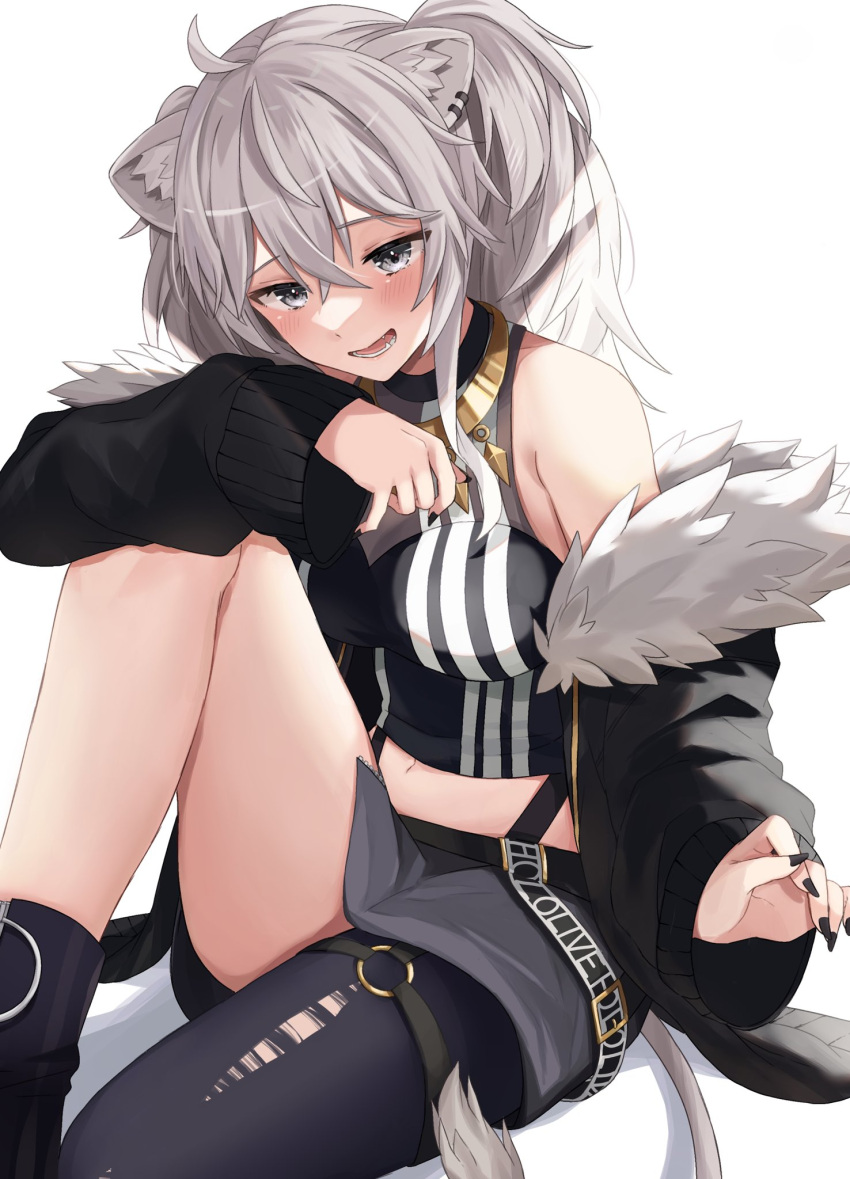1girl ahoge animal_ears arm_on_knee black_footwear black_jacket black_legwear black_nails black_shirt blush boots breasts commentary cropped_shirt ear_piercing eyebrows_visible_through_hair fur-trimmed_jacket fur_trim grey_eyes grey_skirt hair_between_eyes highres hololive jacket jewelry lion_ears lion_tail long_hair looking_at_viewer medium_breasts midriff miniskirt moonbell nail_polish navel necklace o-ring o-ring_legwear off_shoulder open_clothes open_jacket open_mouth piercing shirt shishiro_botan silver_hair simple_background single_thighhigh sitting skirt sleeveless sleeveless_shirt smile solo striped striped_shirt tail thigh-highs thighs torn_clothes torn_legwear two_side_up vertical-striped_shirt vertical_stripes virtual_youtuber white_background zipper_skirt