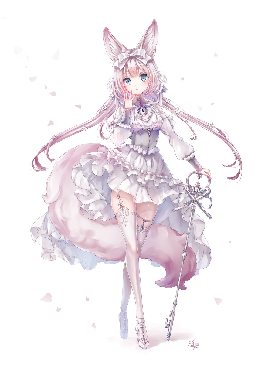 1girl animal_ears artist_name bangs bow commentary_request crossed_legs dot_nose dress flower fox_ears fox_girl fox_tail frilled_dress frills full_body garter_straps grey_eyes hair_bow hair_flower hair_ornament hand_up hane_segawa high_collar high_heels highres keyhole long_hair long_sleeves looking_at_viewer mismatched_legwear original over-kneehighs petals pink_hair shoe_bow shoes sleeve_bow solo staff standing tail thigh-highs thigh_strap very_long_hair white_background white_dress white_footwear white_legwear