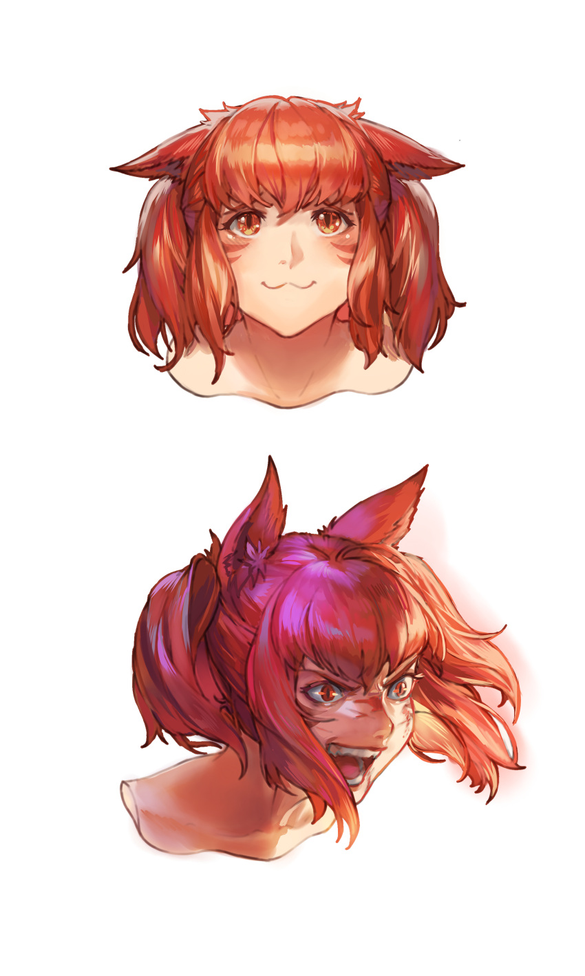1girl :3 absurdres angry animal_ears avatar_(ff14) bangs cat_ears commentary commission cropped_shoulders ears_down english_commentary facial_mark final_fantasy final_fantasy_xiv floating_hair highres laughing looking_at_viewer looking_away looking_up miqo'te multiple_views portrait red_eyes redhead round_teeth seneka_grafika sidelocks simple_background slit_pupils teeth twintails whisker_markings white_background