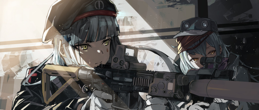 2girls absurdres acog aiming assault_rifle beret fujita_(condor) g11_(girls_frontline) girls_frontline gloves green_eyes gun h&amp;k_g11 h&amp;k_hk416 hat highres hk416_(girls_frontline) multiple_girls rifle silver_hair suppressor weapon yellow_eyes