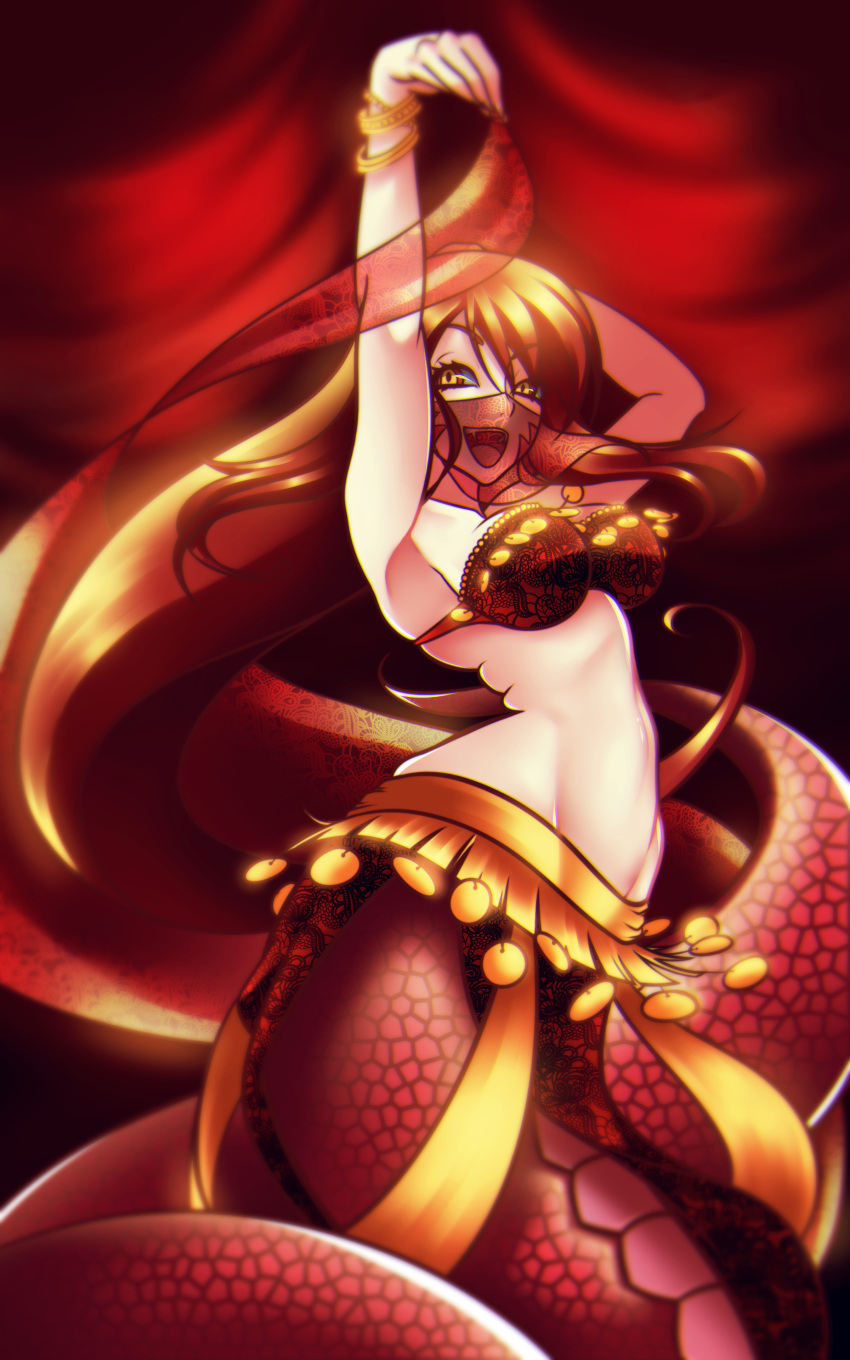 1girl :d absurdres armpits bangle bracelet breasts dancer dancing fangs highres jewelry lamia large_breasts loen-lapae long_hair miia_(monster_musume) monster_girl monster_musume_no_iru_nichijou open_mouth photoshop_(medium) redhead scales slit_pupils smile solo veil very_long_hair yellow_eyes