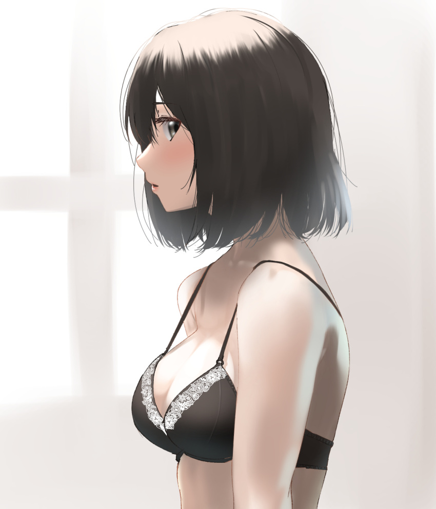 1girl bare_shoulders black_bra black_eyes black_hair blush bra breasts commentary_request from_side haguro_(kantai_collection) highres kantai_collection looking_at_viewer medium_breasts parted_lips profile short_hair solo strap_gap striped tama_(seiga46239239) underwear upper_body vertical_stripes