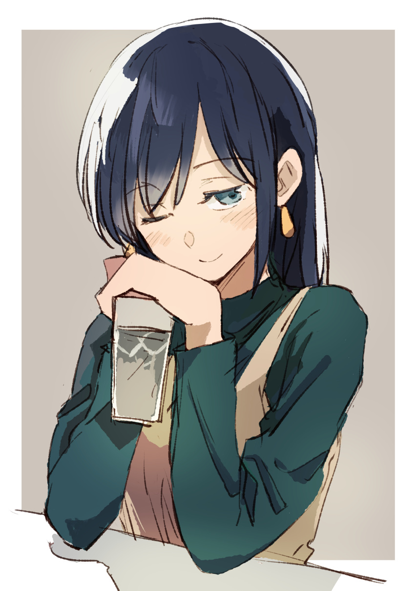 1girl absurdres bangs blue_eyes blue_hair blue_sweater blush brown_dress cup dress earrings eyebrows_visible_through_hair highres holding holding_cup jewelry kantai_collection long_hair long_sleeves looking_at_viewer one_eye_closed simple_background smile solo souryuu_(kantai_collection) sweater takamachiya turtleneck turtleneck_sweater upper_body