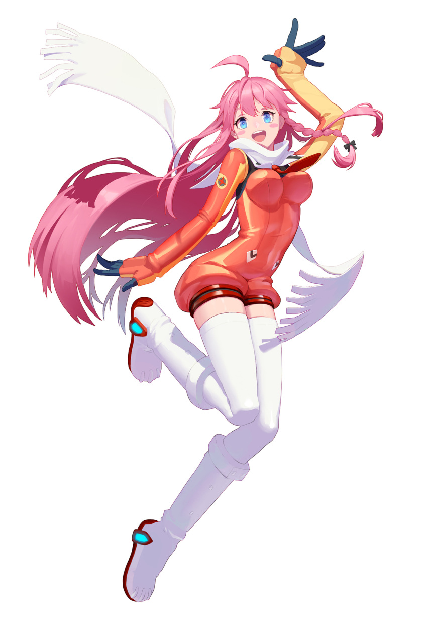 1girl :d ahoge blue_eyes braid breasts elbow_gloves full_body gloves highres huacai long_hair long_sleeves medium_breasts nono_(top_wo_nerae_2!) open_mouth pink_hair scarf smile solo thigh-highs top_wo_nerae_2! white_background white_footwear white_legwear white_scarf