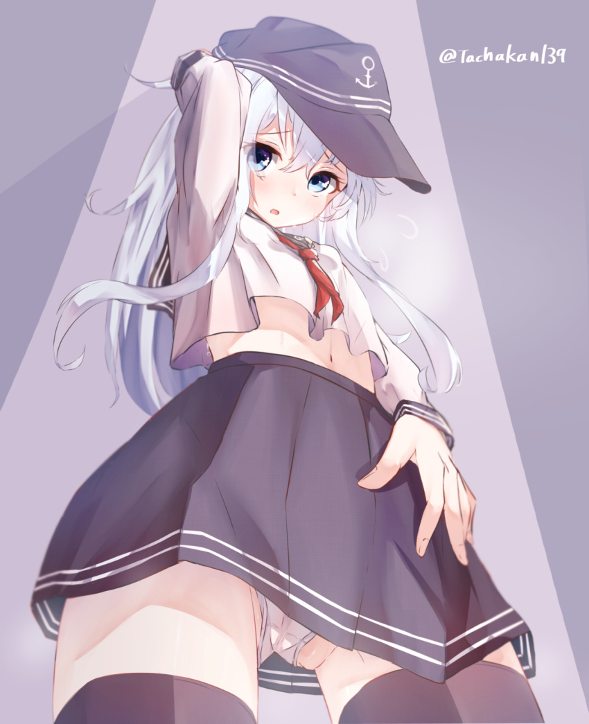 anchor_symbol black_legwear blue_eyes commentary flat_cap from_below hat hibiki_(kantai_collection) highres kantai_collection long_hair navel panties pantyshot school_uniform serafuku tachakan thigh-highs twitter_username underwear white_hair white_panties