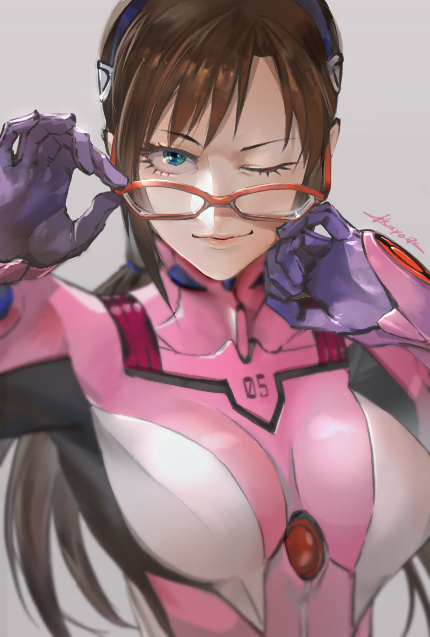 1girl absurdres blue_eyes blurry breasts brown_hair commentary_request depth_of_field grey_background highres ikuyoan long_hair looking_at_viewer makinami_mari_illustrious neon_genesis_evangelion one_eye_closed plugsuit red-framed_eyewear signature simple_background solo upper_body