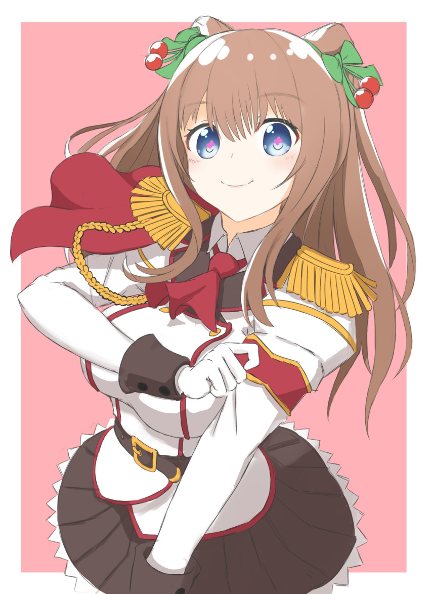 .live 1girl alternate_costume armband belt blue_eyes blush breasts brown_hair epaulettes gloves hair_ornament highres kakyouin_chieri kin0_0z large_breasts long_hair looking_at_viewer simple_background smile solo uniform virtual_youtuber