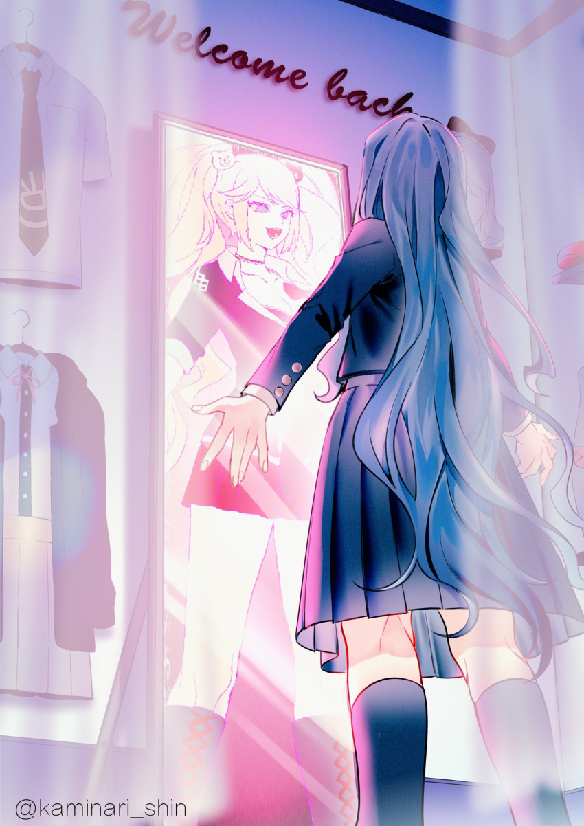 1girl :d artist_name bangs bear_hair_ornament black_jacket black_shirt black_skirt blonde_hair blue_hair boots collarbone commentary_request curtaints dangan_ronpa:_trigger_happy_havoc dangan_ronpa_(series) dangan_ronpa_v3:_killing_harmony different_reflection dress_shirt enoshima_junko green_neckwear hair_ornament highres hinata_hajime indoors jacket knee_boots kneehighs long_hair long_skirt long_sleeves mirror nanami_chiaki necktie open_mouth reflection see-through shirogane_tsumugi shirt shirt_removed skirt skirt_removed smile spoilers tuteurfars_shin twintails two-tone_shirt very_long_hair