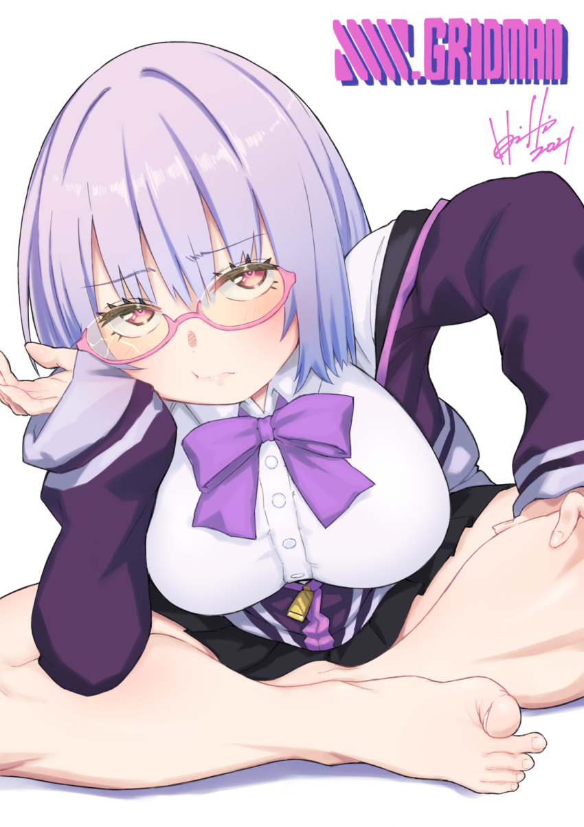 1girl :/ bangs barefoot black_skirt blush bow bowtie breasts closed_mouth copyright_name dutch_angle eyebrows_visible_through_hair feet glasses highres hori_shin indian_style large_breasts leaning_forward long_sleeves looking_at_viewer pink_eyes pleated_skirt purple_bow purple_neckwear semi-rimless_eyewear shinjou_akane shirt short_hair signature silver_hair simple_background sitting skirt sleeves_past_wrists solo ssss.gridman toes white_background white_shirt