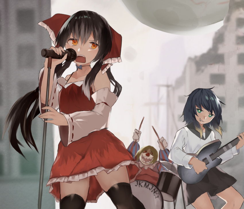 1girl 2boys bangs black_hair black_legwear black_skirt blonde_hair blurry bow building clown clown_nose commentary_request cookie_(touhou) cowboy_shot crossdressinging depth_of_field detached_sleeves dress drum drum_set drumsticks electric_guitar floating_eye frilled_bow frilled_dress frills gloves gradient_hair green_eyes guitar hair_between_eyes hair_bow hakurei_reimu highres holding holding_microphone_stand instrument long_hair looking_to_the_side medium_hair microphone microphone_stand multicolored_hair multiple_boys music open_mouth orange_eyes playing_instrument purple_hair red_bow red_dress red_eyes rizeass ruins school_uniform serafuku shiriri_(cookie) shumiyou_desu sidelocks skirt standing star_(symbol) thigh-highs touhou upper_teeth white_gloves white_sleeves yuyusu_(cookie)