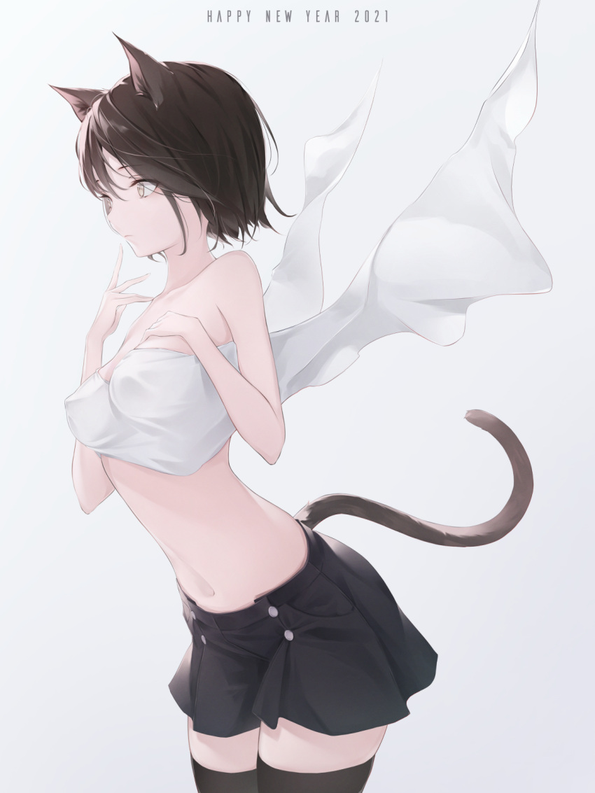 1girl 2021 animal_ears bangs black_legwear black_skirt breasts brown_hair buttons cat_ears cat_girl cat_tail cloth collarbone cowboy_shot finger_to_mouth hands_up highres light_brown_eyes medium_breasts navel original pleated_shirt r_(curvy) short_hair simple_background skirt solo tail thigh-highs white_background zettai_ryouiki