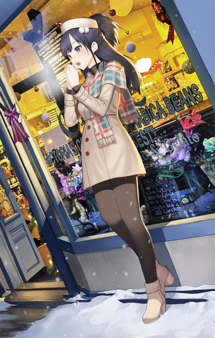 1girl absurdres bangs beige_coat black_hair black_legwear blush casual coat cold dutch_angle fashion full_body hands_up hat highres huge_filesize idolmaster idolmaster_shiny_colors iws2525 kazano_hiori long_hair outdoors pantyhose plaid_neckwear scarf shoes snow snowing standing violet_eyes winter winter_clothes winter_coat