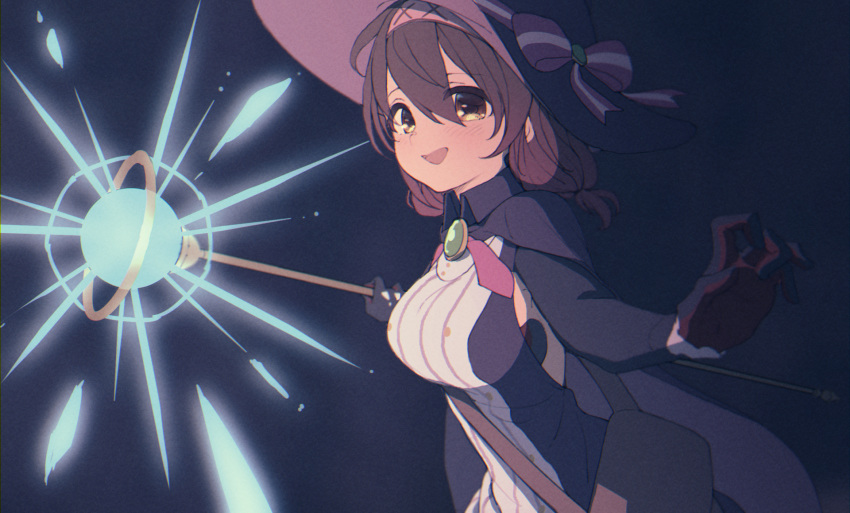 1girl black_background black_gloves bow breasts brown_eyes brown_hair cape gloves glowing glowing_staff hat hat_bow highres holding holding_staff hololive looking_at_viewer medium_breasts medium_hair nosir_onadat open_hand open_mouth roboco-san short_twintails smile solo staff twintails virtual_youtuber witch_hat