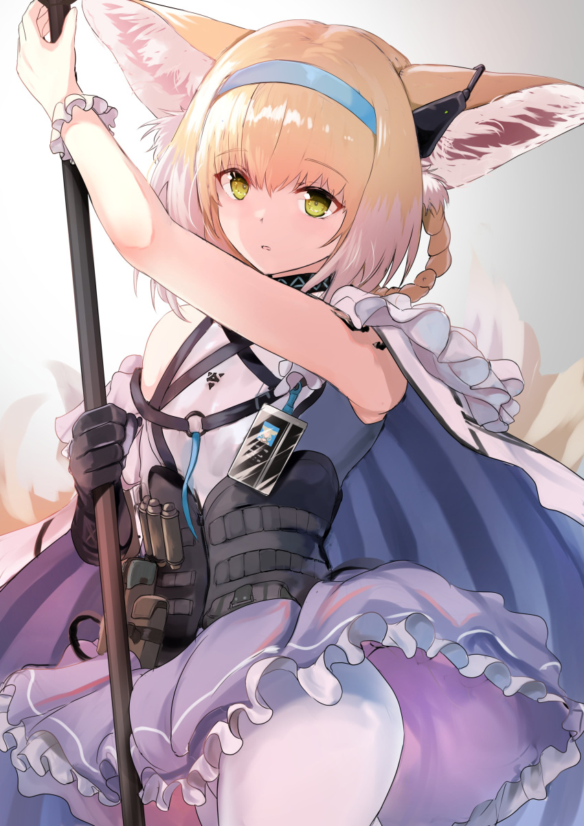 1girl absurdres animal_ears arknights bangs black_gloves blonde_hair blue_dress blue_hairband commentary_request dress earpiece eyebrows_visible_through_hair fox_ears fox_tail frilled_dress frills gloves green_eyes hair_rings hairband highres holding holding_staff id_card infection_monitor_(arknights) lanyard long_hair looking_at_viewer multiple_tails oripathy_lesion_(arknights) pantyhose single_glove single_wrist_cuff sleeveless sleeveless_dress solo staff suzuran_(arknights) tail take_(trude1945oneetyan) white_legwear