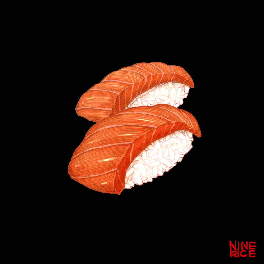 absurdres black_background english_text fish food food_focus highres jiumudao nigirizushi no_humans original raw_fish rice salmon simple_background still_life sushi