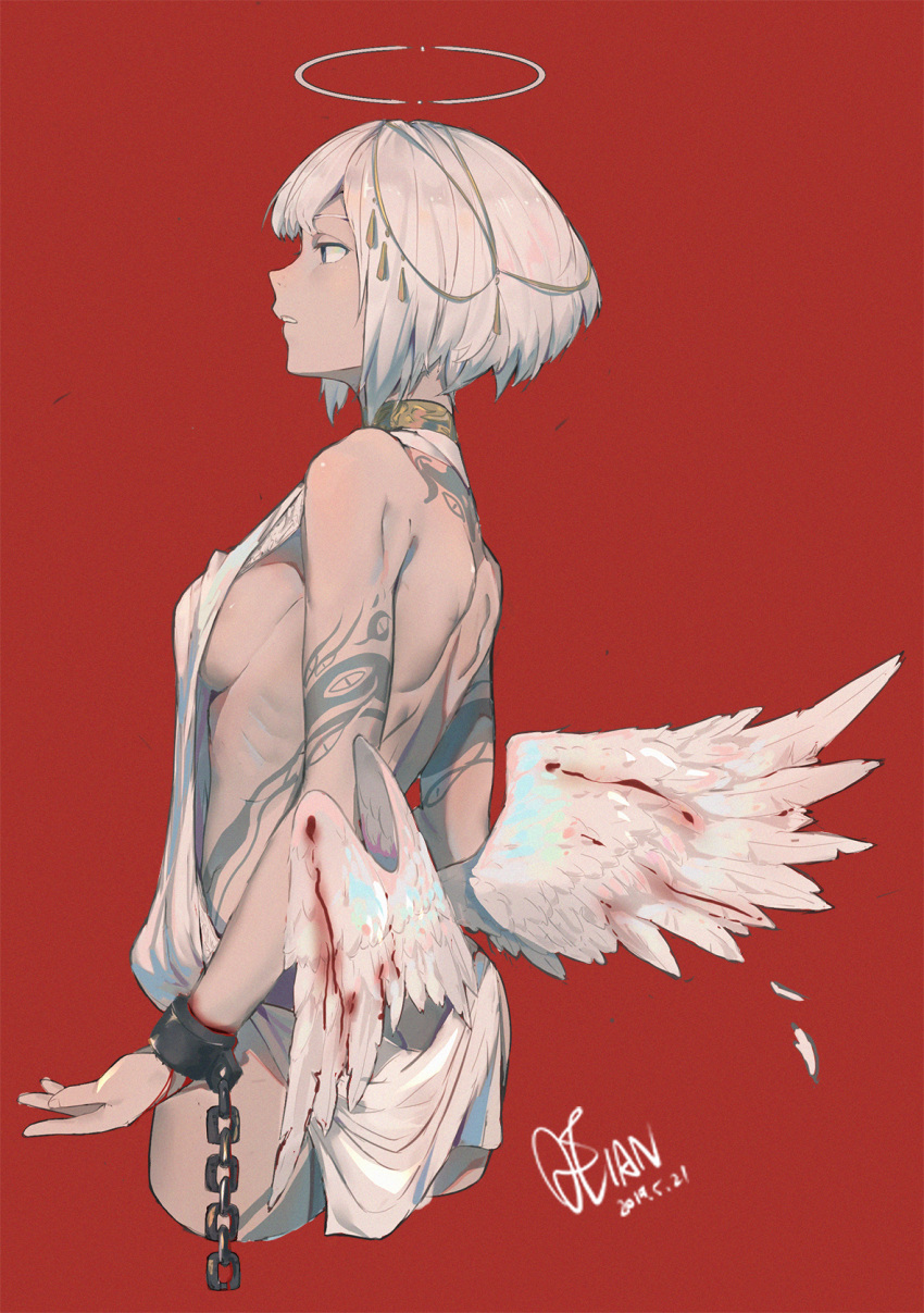 1girl angel angel_wings back bare_shoulders bleeding blood bloody_wings blue_eyes chain cuffs dated feathers film_grain fingernails halo highres low_wings mini_wings original parted_lips qtian red_background shackles short_hair signature simple_background solo tattoo white_hair wings