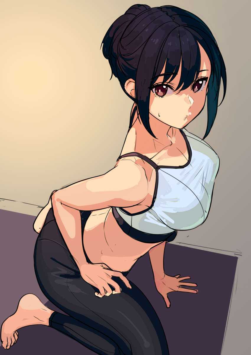 1girl absurdres arm_support bare_arms bare_shoulders barefoot black_hair breasts brown_eyes from_side hair_bun highres kagematsuri kneeling large_breasts leggings looking_at_viewer mat o3o original sketch solo sports_bra sweatdrop