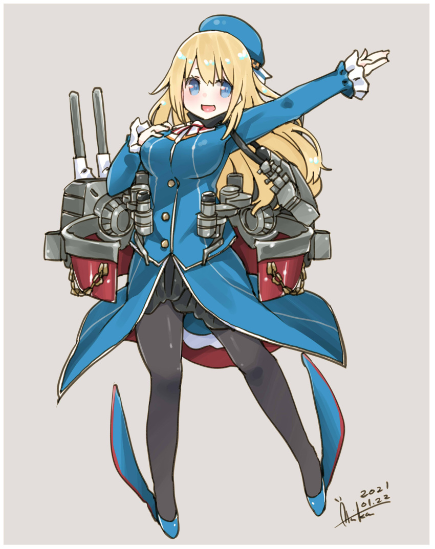 1girl absurdres alternate_eye_color ascot atago_(kantai_collection) beret black_gloves black_skirt blonde_hair blue_eyes blue_headwear blush breasts cannon collared_shirt dated frilled_sleeves frills full_body gloves hand_on_own_chest hat high_heels highres inica jacket kantai_collection large_breasts long_hair long_sleeves machinery military military_uniform open_mouth pantyhose rigging shirt signature skirt smile smokestack solo turret uniform