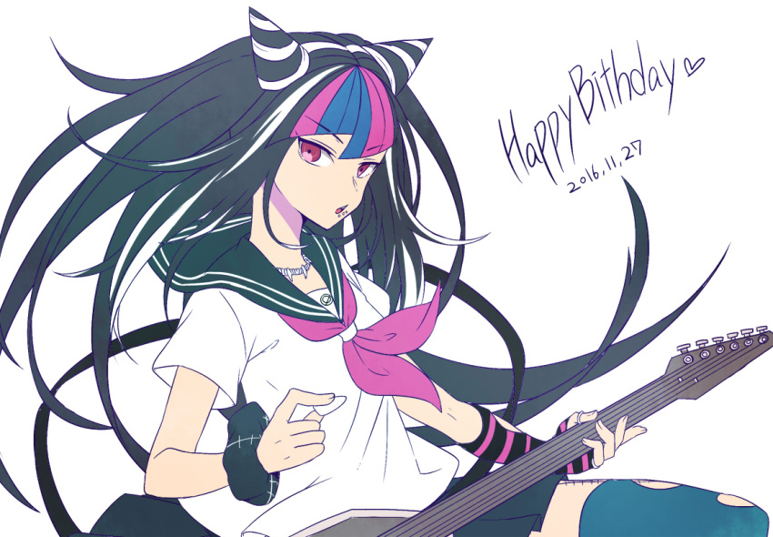 1girl bangs black_hair black_scrunchie blue_hair blue_legwear commentary_request dangan_ronpa_(series) dangan_ronpa_2:_goodbye_despair dated ear_piercing electric_guitar floating_hair guitar hair_horns happy_birthday holding instrument jewelry lip_piercing long_hair looking_at_viewer mioda_ibuki multicolored_hair music neckerchief necklace nico_(nico_alice) open_mouth piercing pink_eyes pink_hair playing_instrument ring school_uniform scrunchie serafuku shirt simple_background skirt solo thigh-highs thumb_ring torn_clothes torn_legwear white_background white_hair wrist_scrunchie