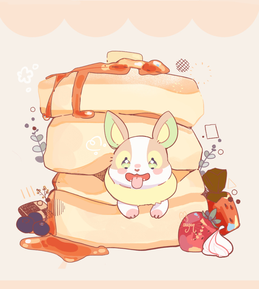 berry butter commentary fangs food fruit gen_8_pokemon green_eyes highres open_mouth pancake paws pokemon pokemon_(creature) signature strawberry sugahri syrup toes tongue tongue_out yamper